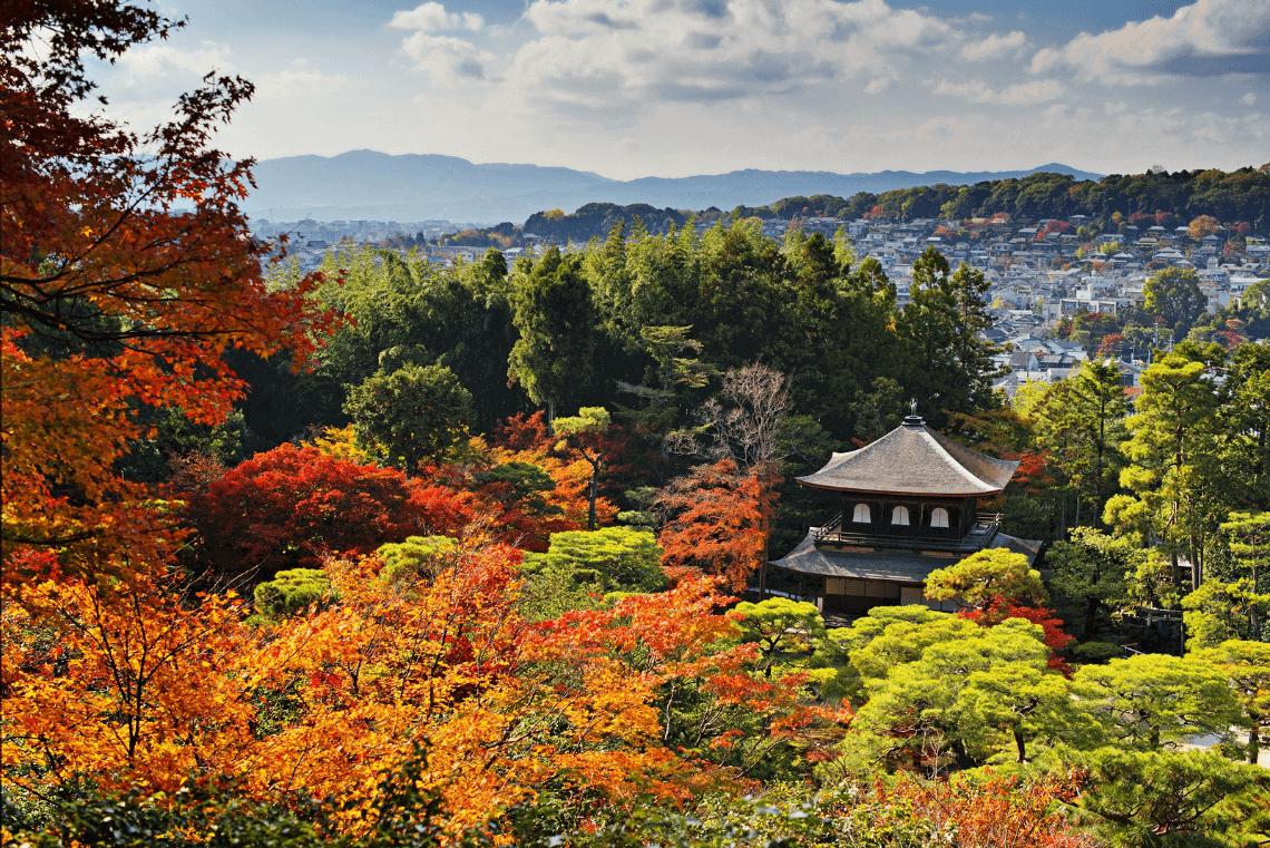 美丽的秋天的颜色在Ginkaku-ji(银馆)在这个区,日本京都
